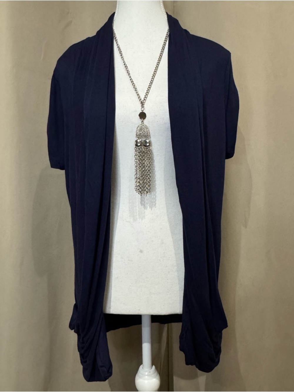 Navy Blue Open Front Draped Hem Cardigan